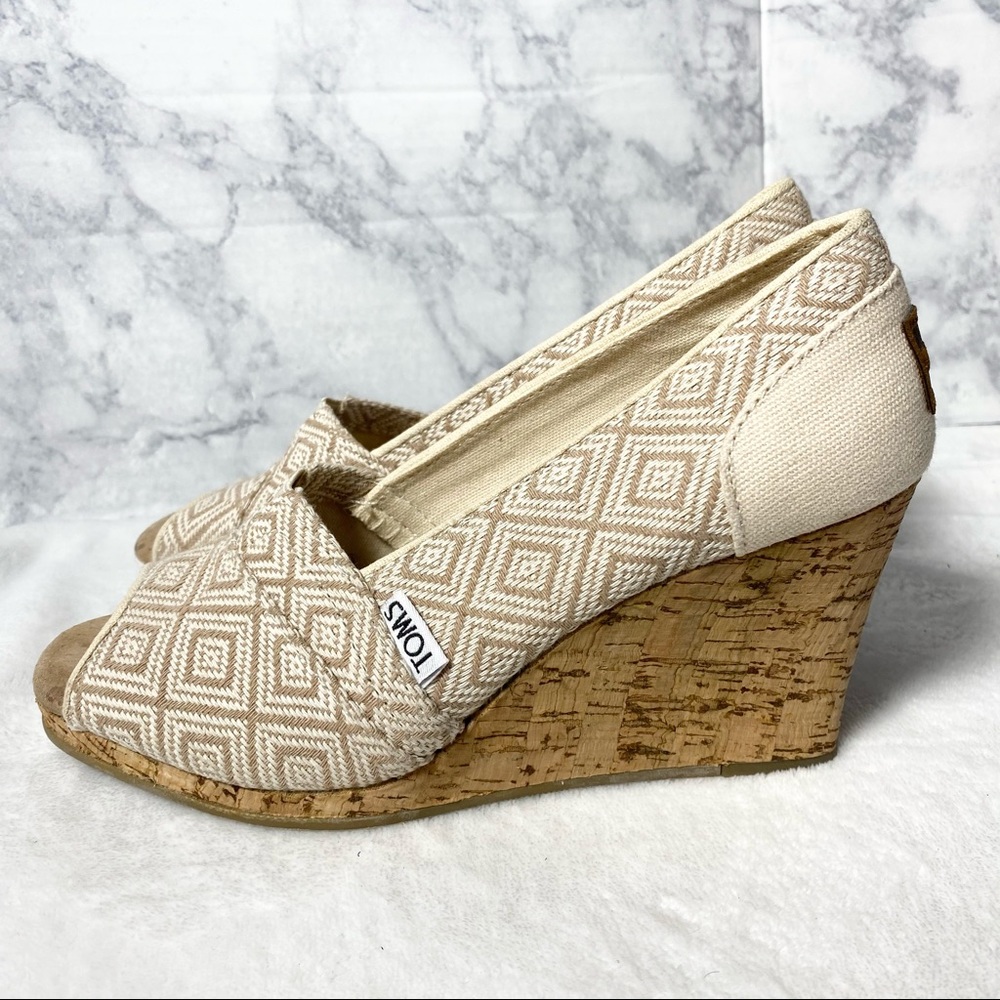 Toms Stella Diamond Canvas Boho Tribal Print Peep Toe Cork Wedges